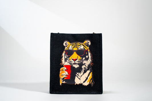 Black Cool Tiger Pop Art Patch Jute Shoulder Bag (J-0033A)