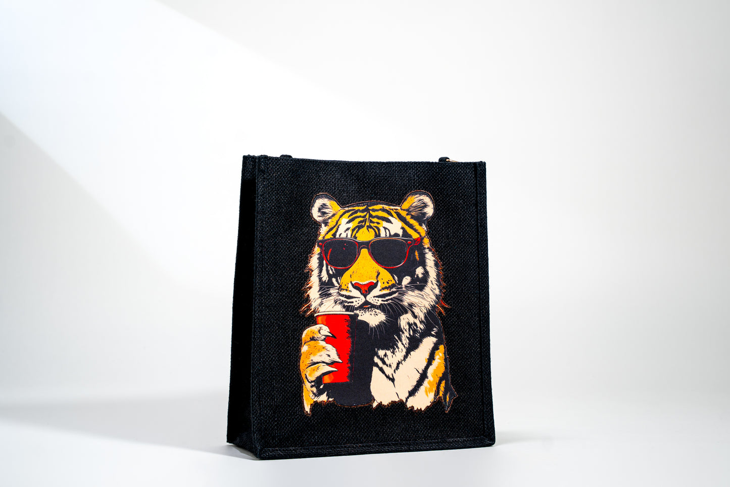 Black Cool Tiger Pop Art Patch Jute Shoulder Bag (J-0033A)