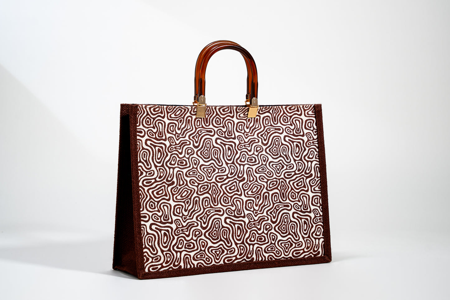 Abstract Brown Wave Screen Printed Jute Tote Bag (J-0065)