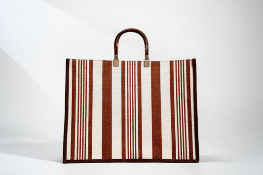 Classic Brown Striped Screen Printed Jute Tote Bag (J-0066)