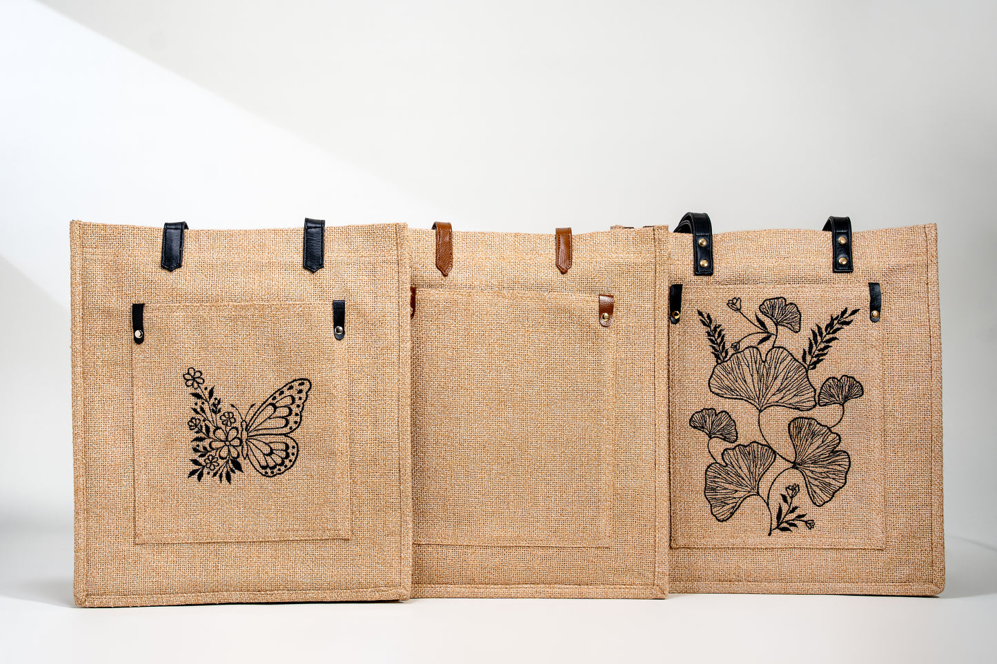 Black Ginkgo Botanical Embroidered Jute Tote Bag (J-0020)