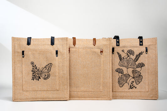 Black Ginkgo Botanical Embroidered Jute Tote Bag (J-0020)