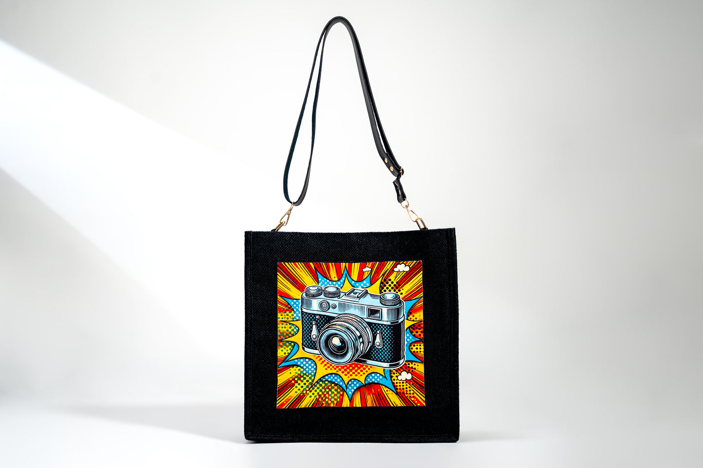 Black Vintage Camera Pop Art Jute Shoulder Bag (J-0030)