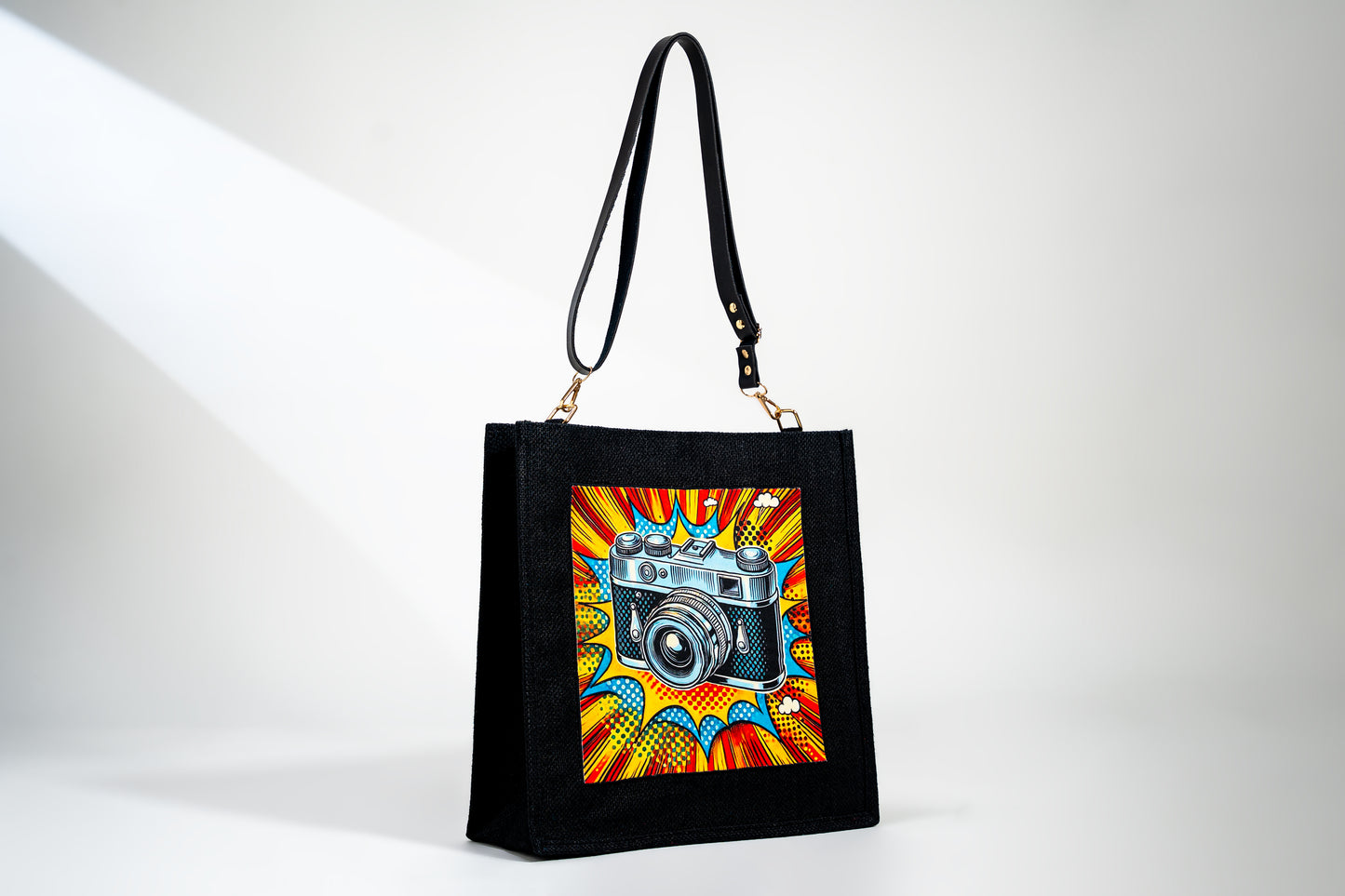 Black Vintage Camera Pop Art Jute Shoulder Bag (J-0030)