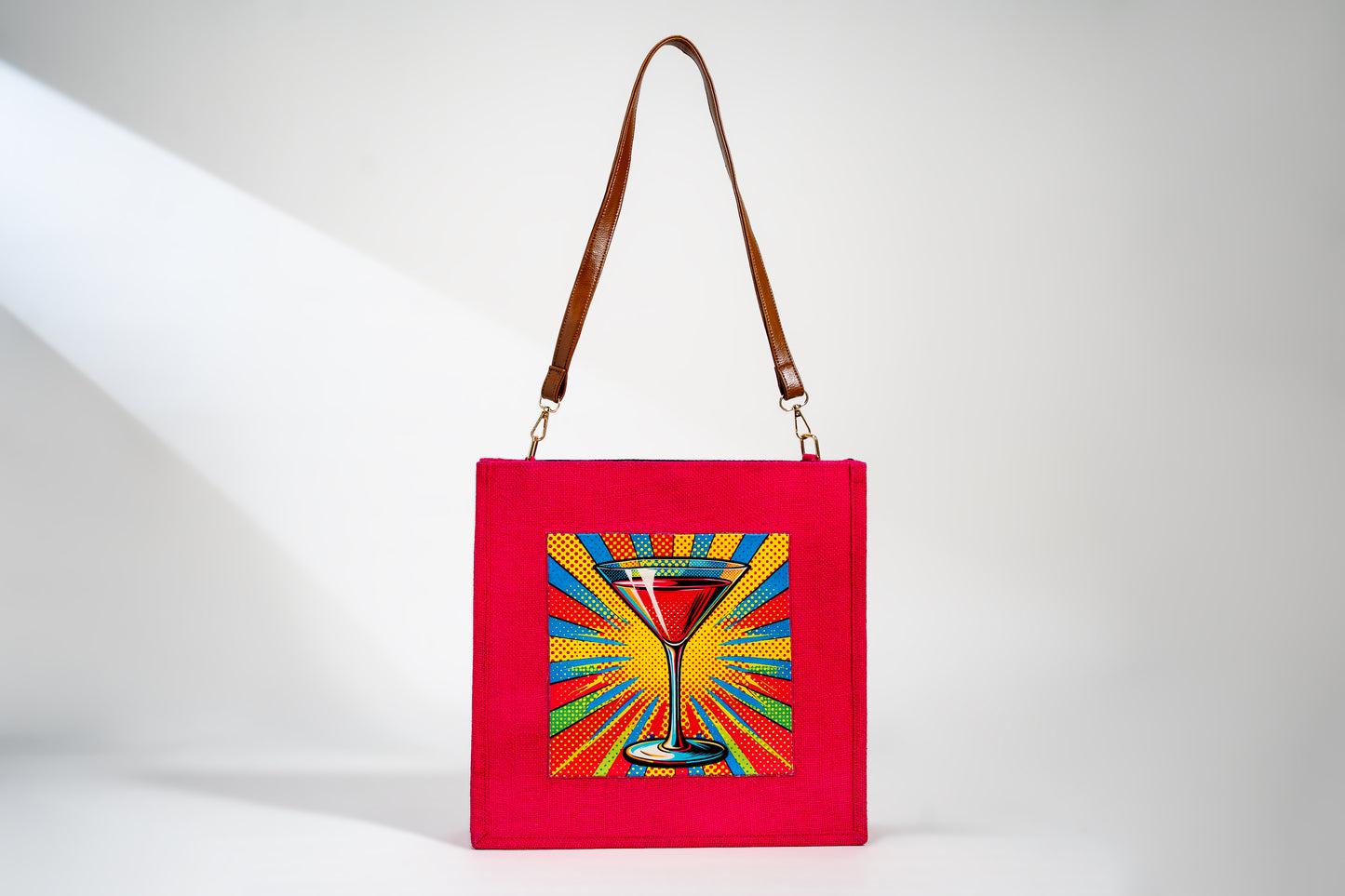 Vibrant Pink Pop Art Cocktail Jute Shoulder Bag (J-0028)
