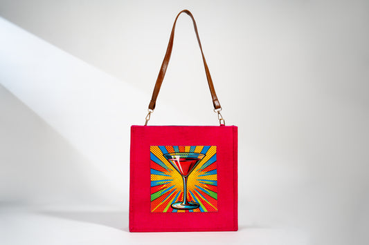 Vibrant Pink Pop Art Cocktail Jute Shoulder Bag (J-0028)