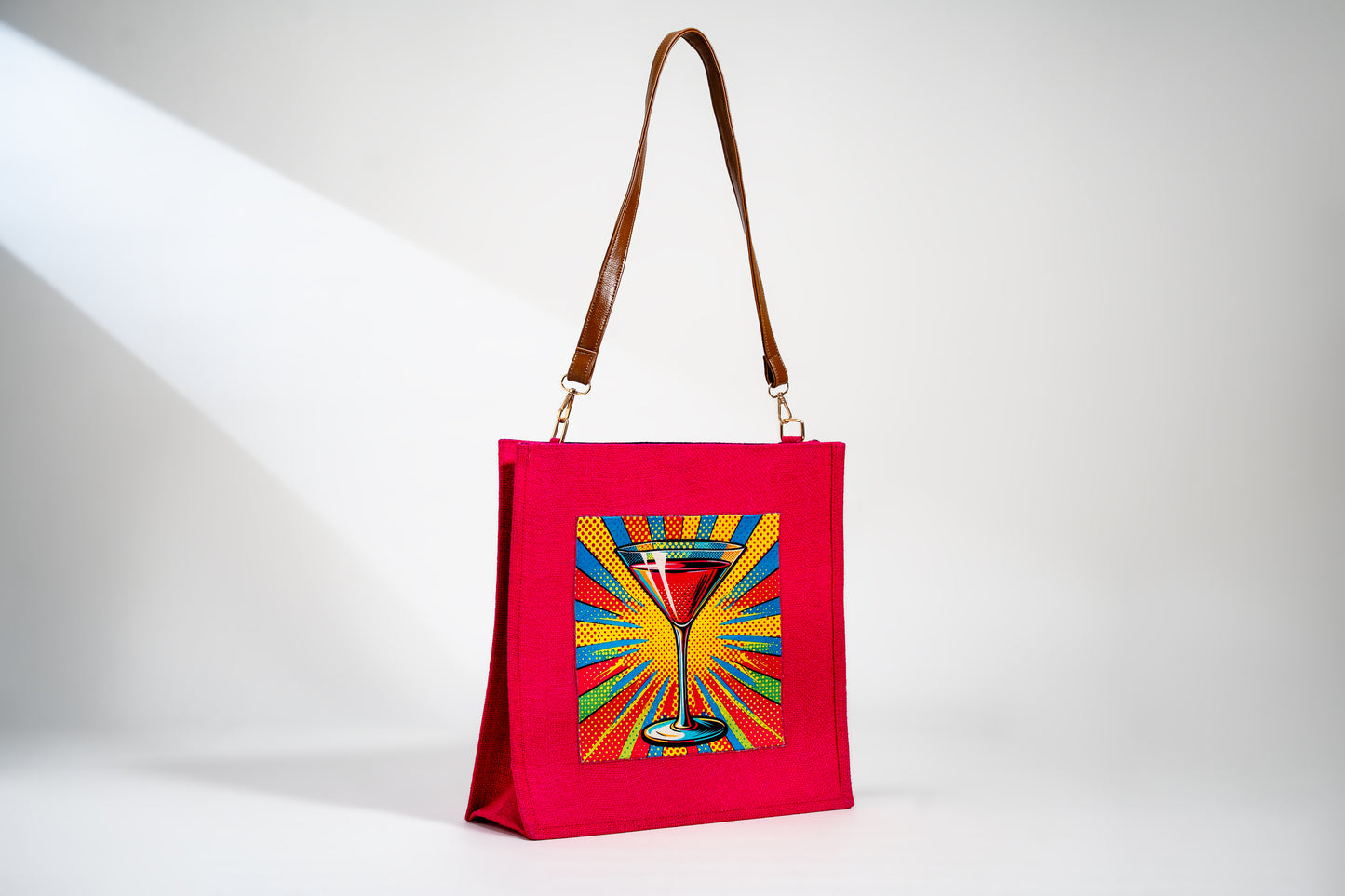 Vibrant Pink Pop Art Cocktail Jute Shoulder Bag (J-0028)