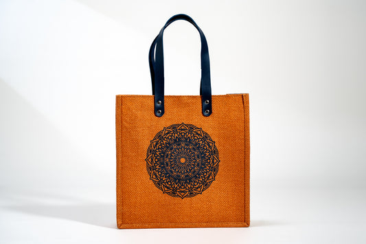 Burnt Orange Mandala Art Screen Printed Jute Tote Bag (J-0051)