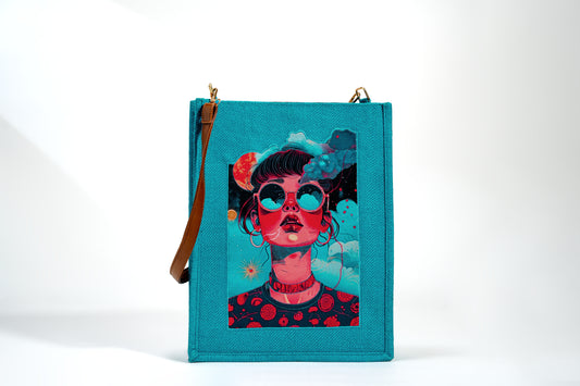 Teal Surreal Dreamscape Pop Art Jute Shoulder Bag (J-0035)
