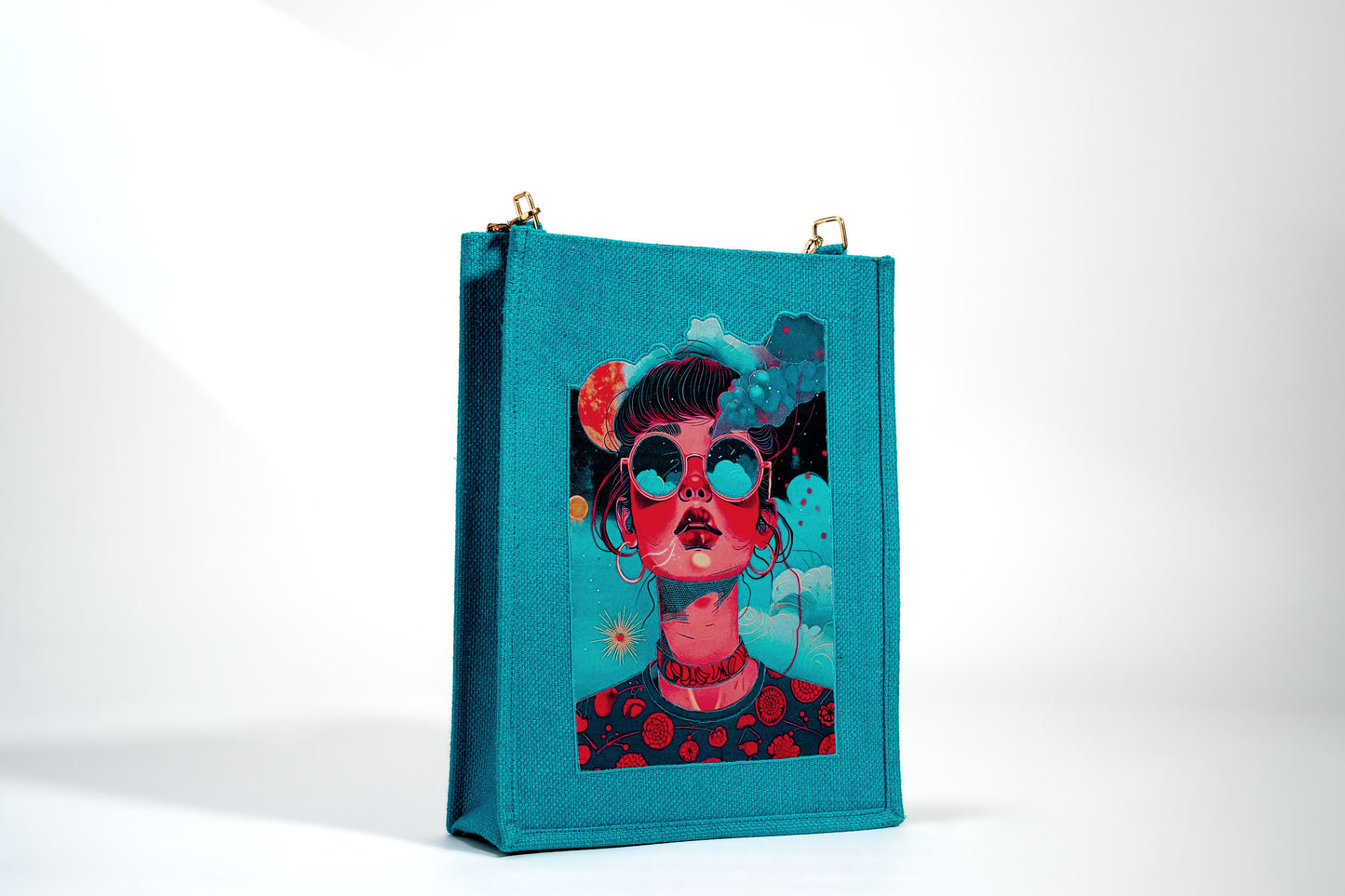 Teal Surreal Dreamscape Pop Art Jute Shoulder Bag (J-0035)