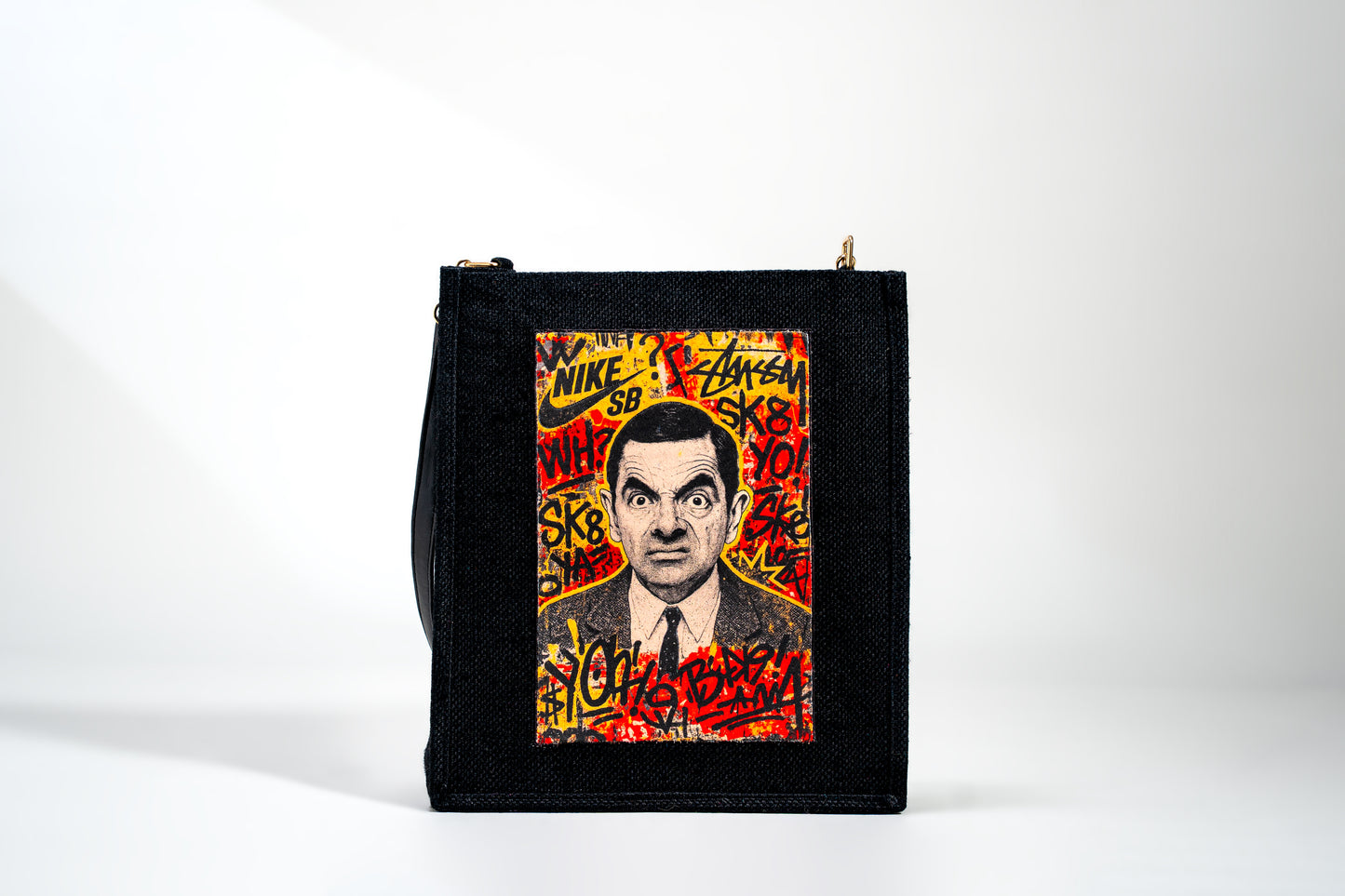 Black Pop-Culture Graffiti Patch Jute Shoulder Bag (J-0031)