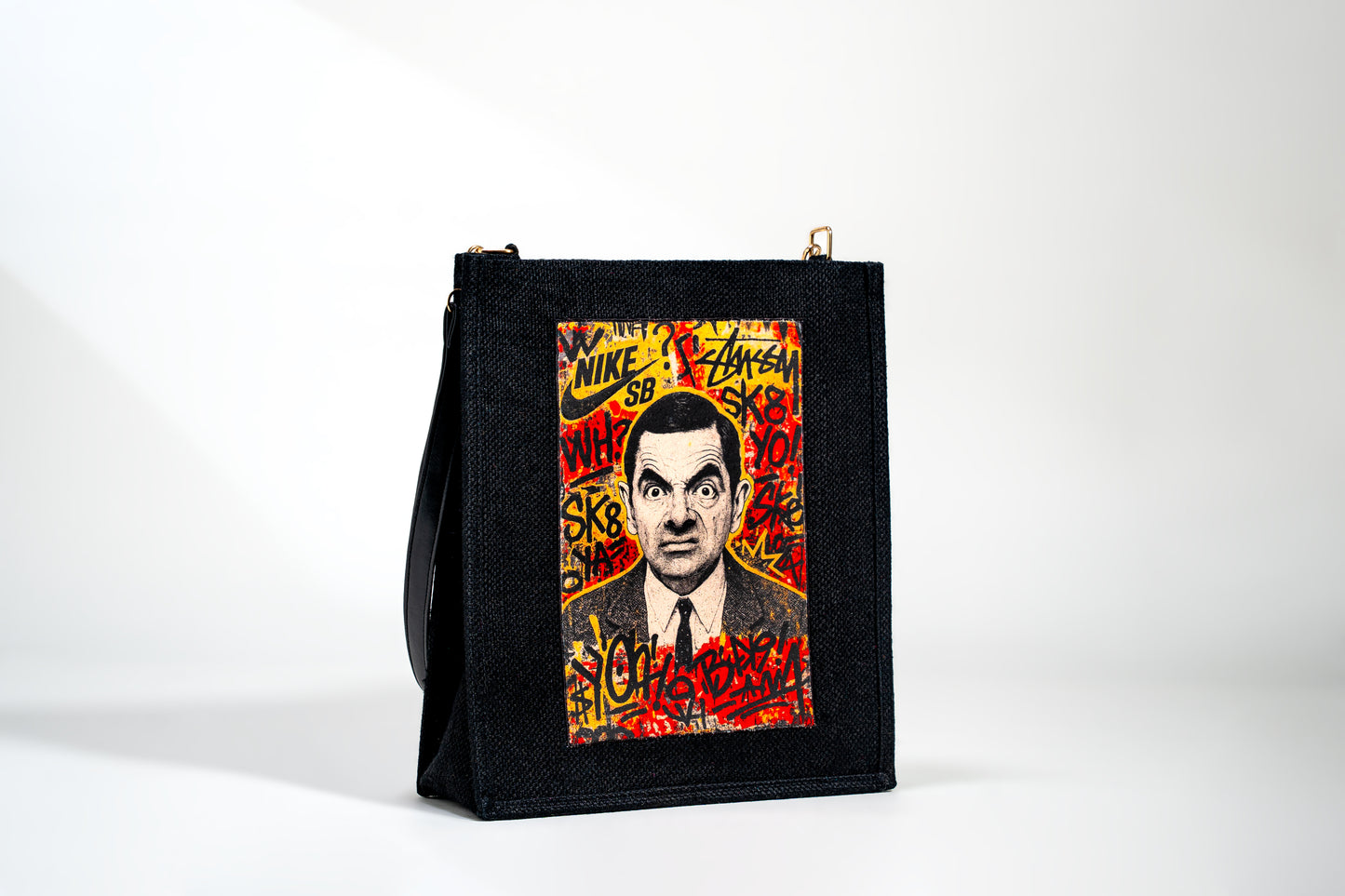 Black Pop-Culture Graffiti Patch Jute Shoulder Bag (J-0031)