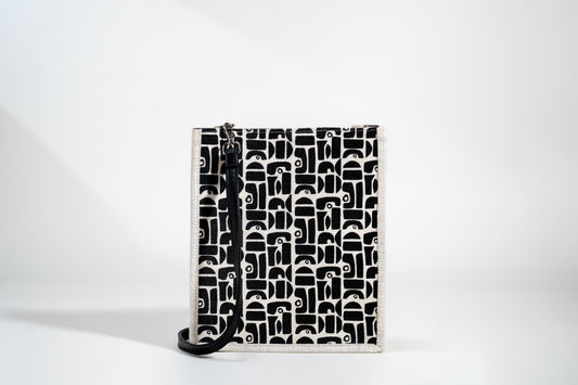 Monochrome Geometric Motif Screen Printed Jute Tote Bag (J-0055)