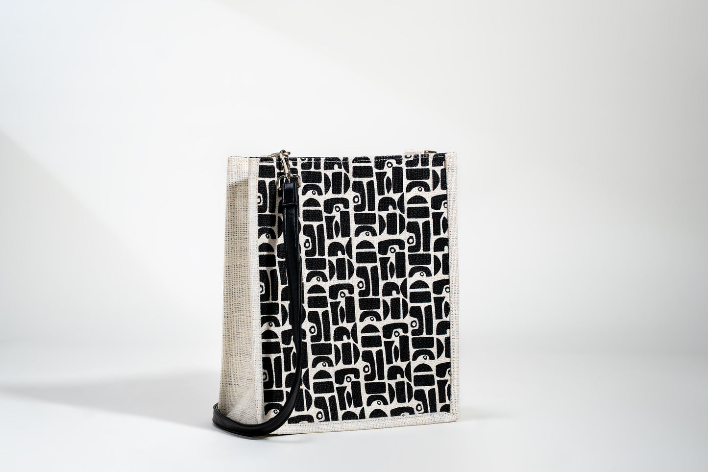 Monochrome Geometric Motif Screen Printed Jute Tote Bag (J-0055)