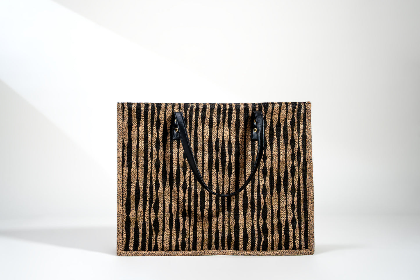 Black Organic Stripe Screen Printed Jute Tote Bag (J-0067)