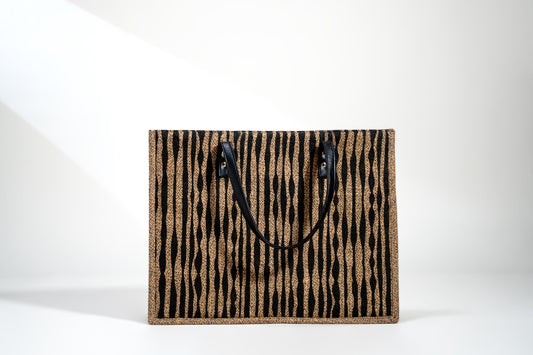 Black Organic Stripe Screen Printed Jute Tote Bag (J-0067)
