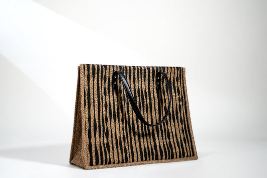 Black Organic Stripe Screen Printed Jute Tote Bag (J-0067)