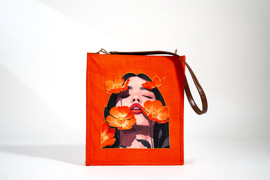 Orange Poppy Portrait Pop Art Jute Shoulder Bag (J-0036)
