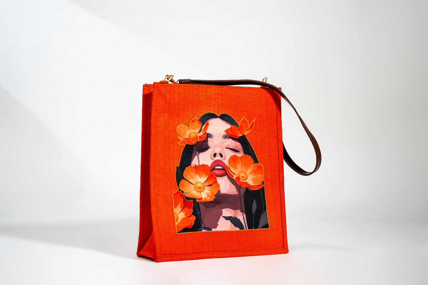 Orange Poppy Portrait Pop Art Jute Shoulder Bag (J-0036)