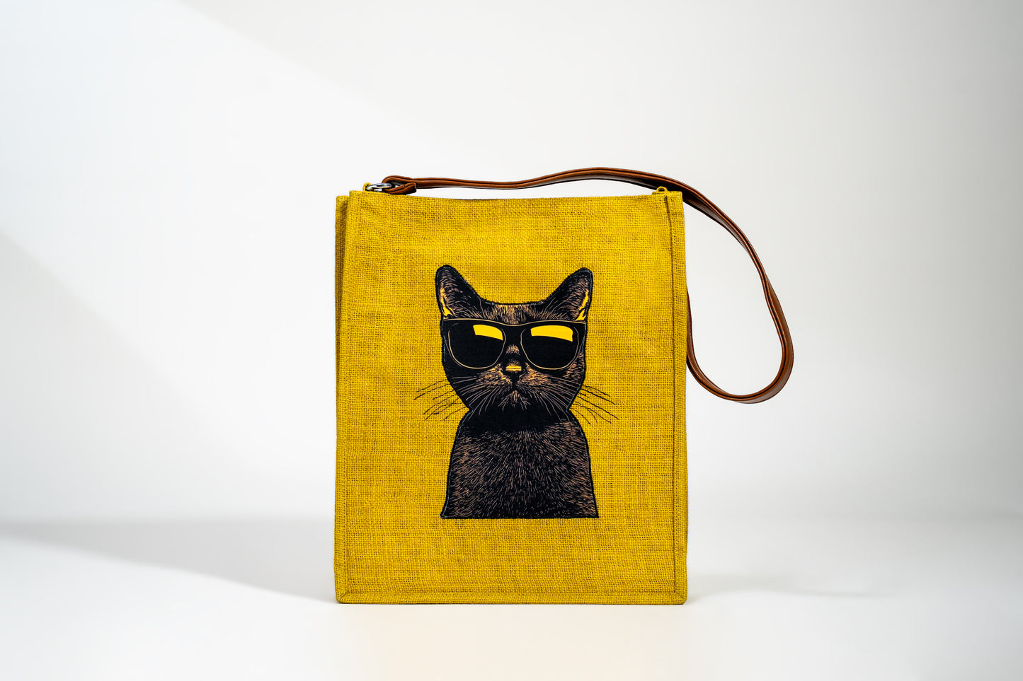 Mustard Yellow Cool Cat Pop Art Jute Shoulder Bag (J-0037)