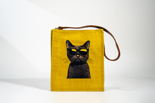 Mustard Yellow Cool Cat Pop Art Jute Shoulder Bag (J-0037)