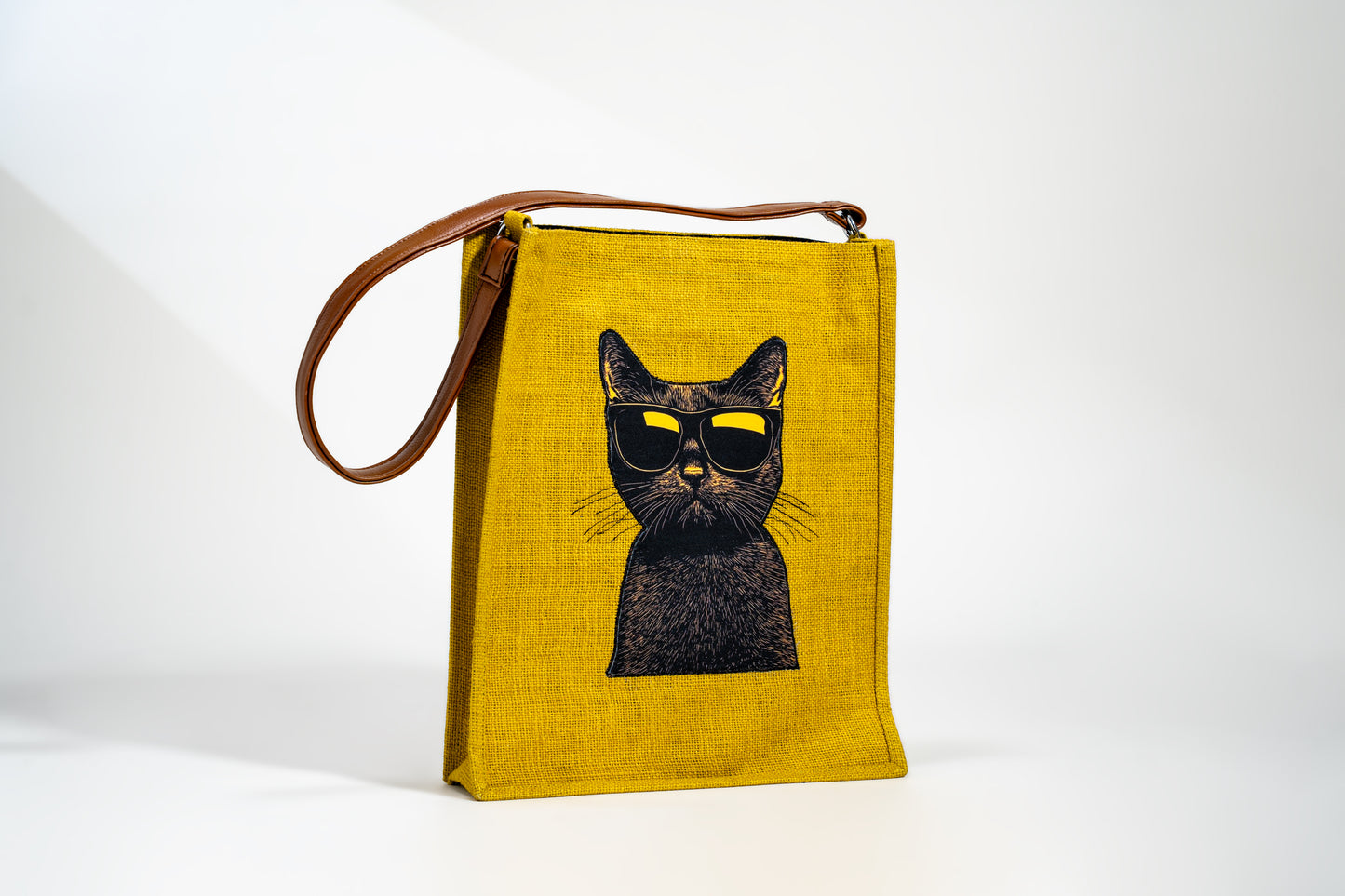 Mustard Yellow Cool Cat Pop Art Jute Shoulder Bag (J-0037)