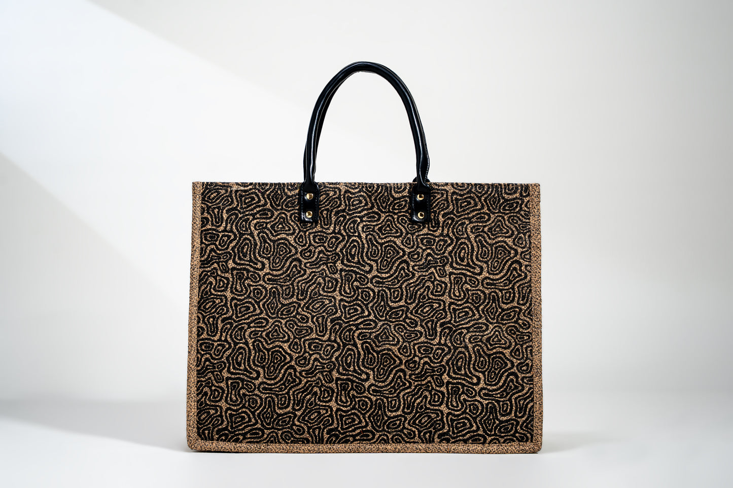 Black Abstract Labyrinth Screen Printed Jute Tote Bag (J-0068)