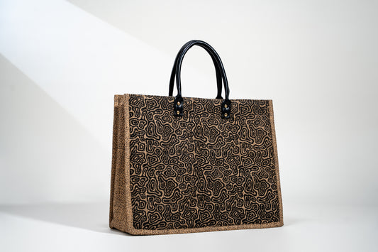 Black Abstract Labyrinth Screen Printed Jute Tote Bag (J-0068)