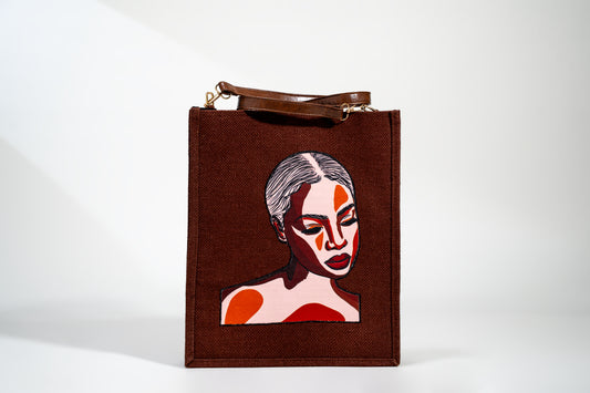 Deep Brown Abstract Portrait Pop Art Jute Shoulder Bag (J-0034)