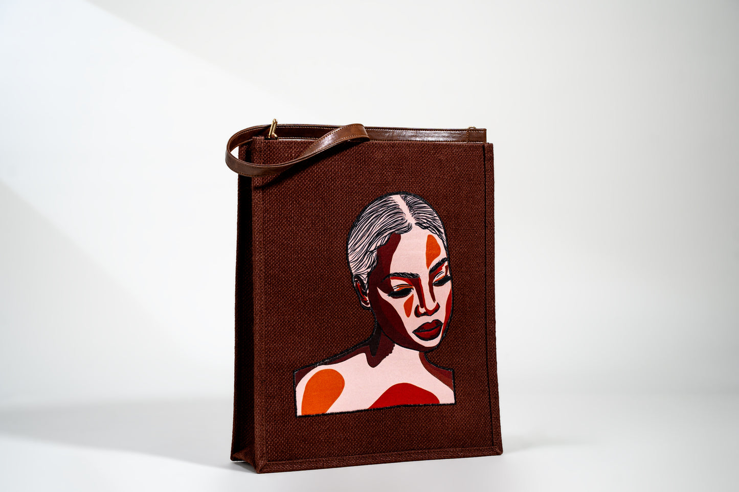 Deep Brown Abstract Portrait Pop Art Jute Shoulder Bag (J-0034)