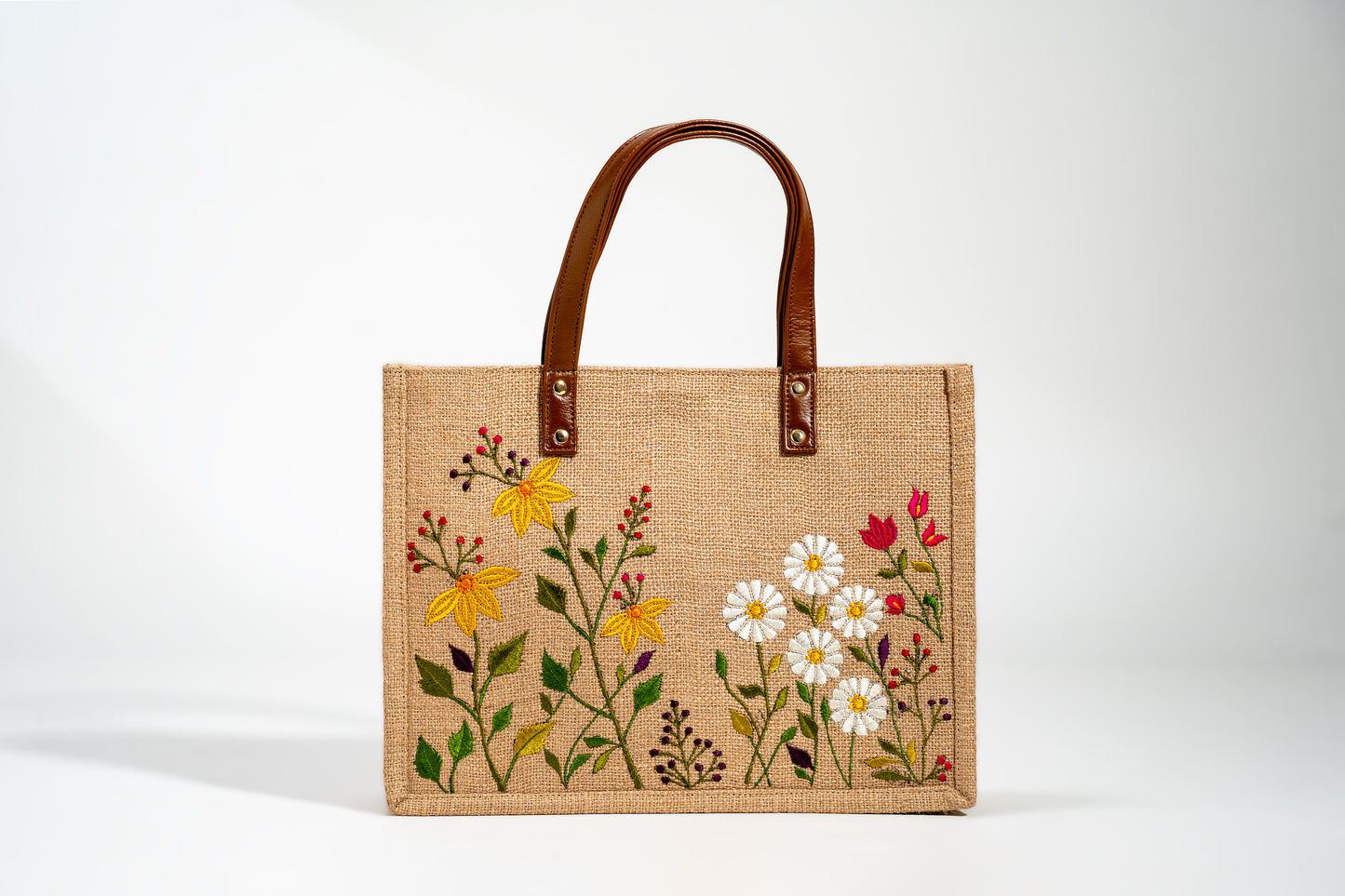 Wildflower Meadow Embroidered Jute Tote Bag (J-0018) - Brown