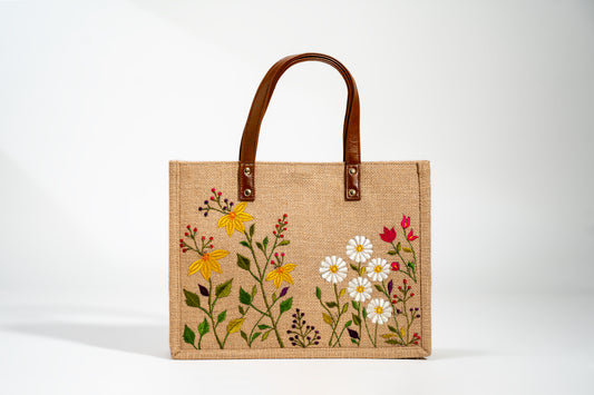 Wildflower Meadow Embroidered Jute Tote Bag (J-0018) - Brown