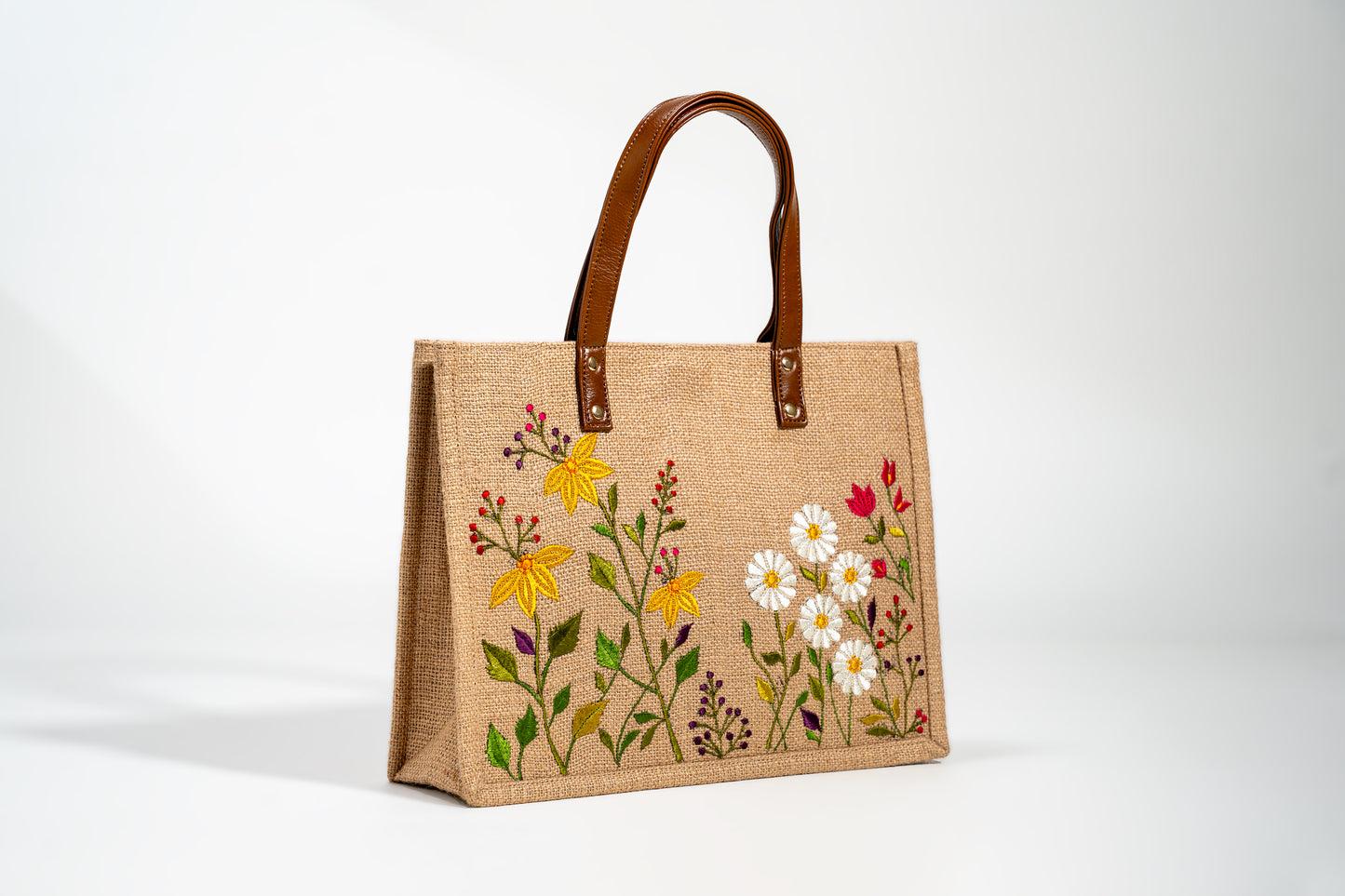 Wildflower Meadow Embroidered Jute Tote Bag (J-0018) - Brown