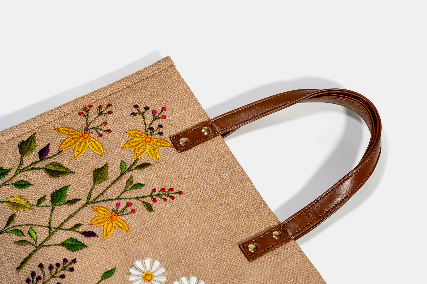 Wildflower Meadow Embroidered Jute Tote Bag (J-0018) - Brown