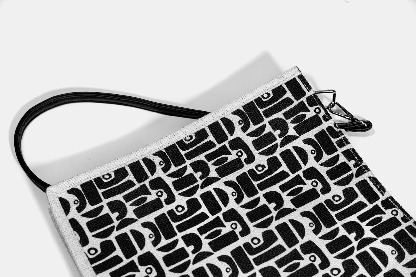 Monochrome Geometric Motif Screen Printed Jute Tote Bag (J-0055)