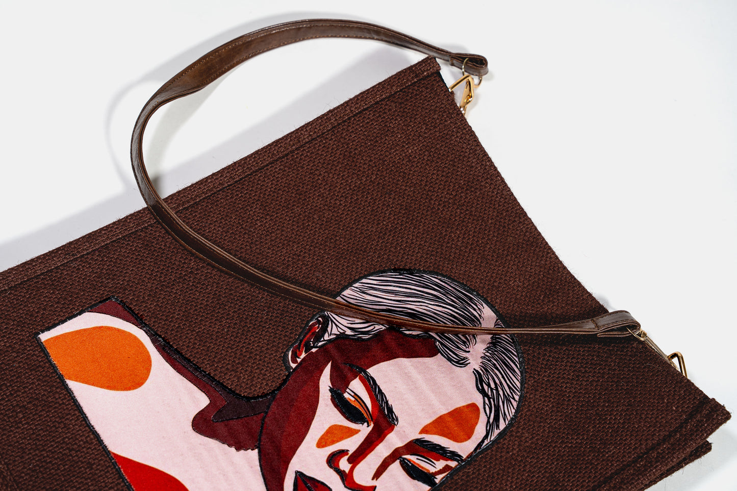 Deep Brown Abstract Portrait Pop Art Jute Shoulder Bag (J-0034)