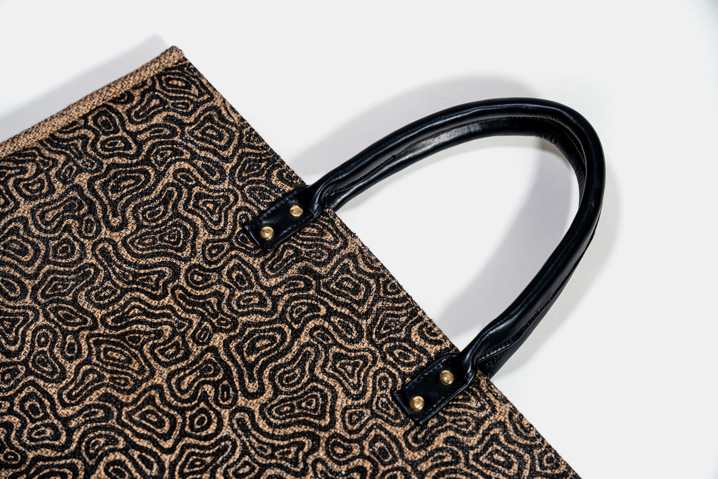 Black Abstract Labyrinth Screen Printed Jute Tote Bag (J-0068)