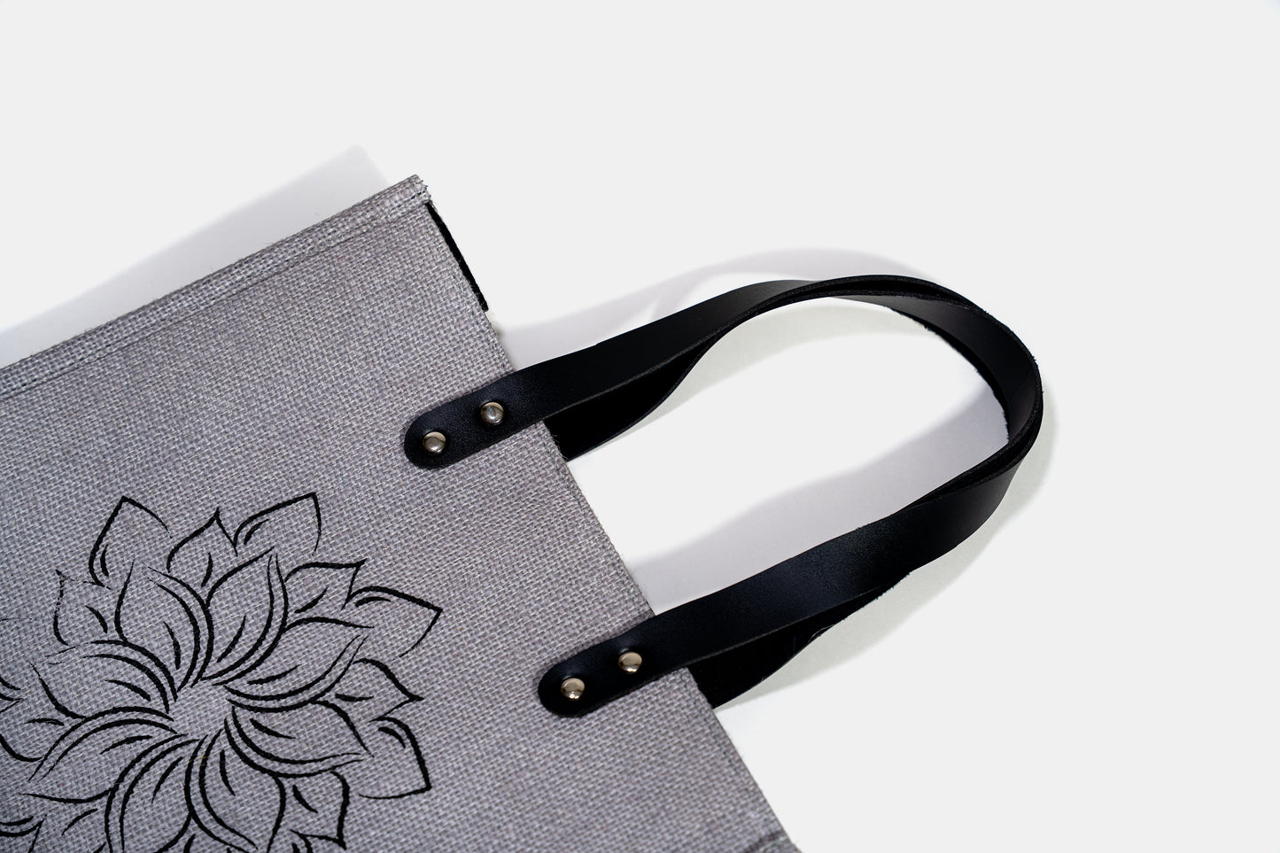 Light Grey Minimalist Floral Screen Printed Jute Tote Bag (J-0054)