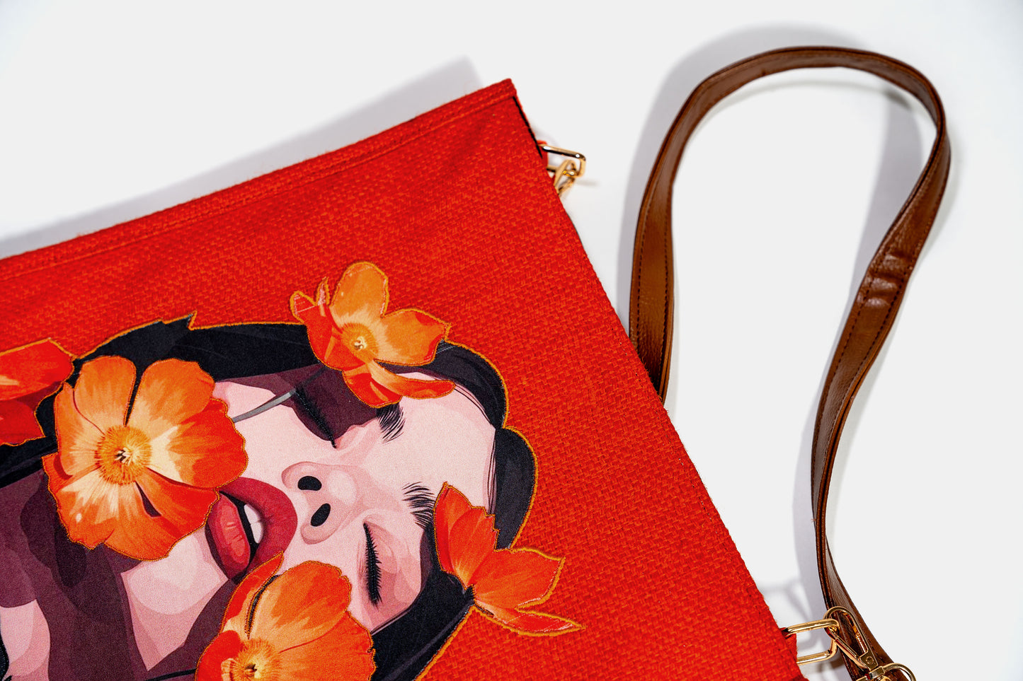Orange Poppy Portrait Pop Art Jute Shoulder Bag (J-0036)