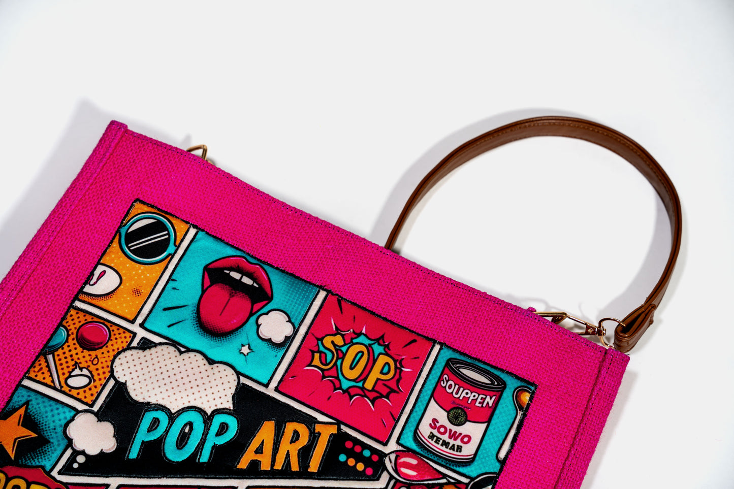 Vibrant Pink Pop Art Patch Jute Shoulder Bag (J-0027)