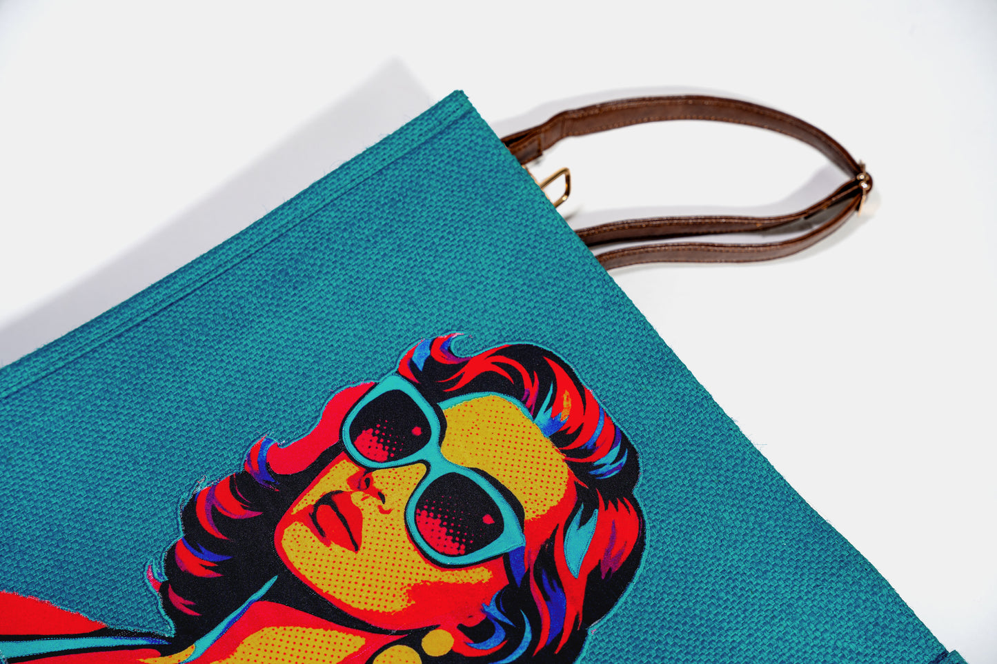 Vibrant Teal Retro Portrait Pop Art Jute Shoulder Bag (J-0029)