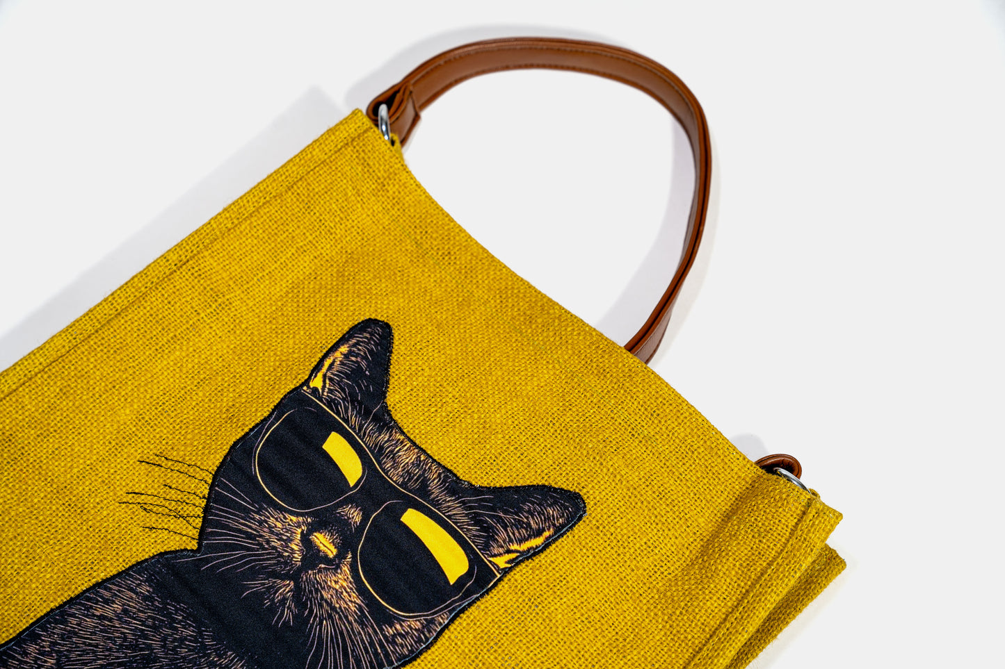 Mustard Yellow Cool Cat Pop Art Jute Shoulder Bag (J-0037)