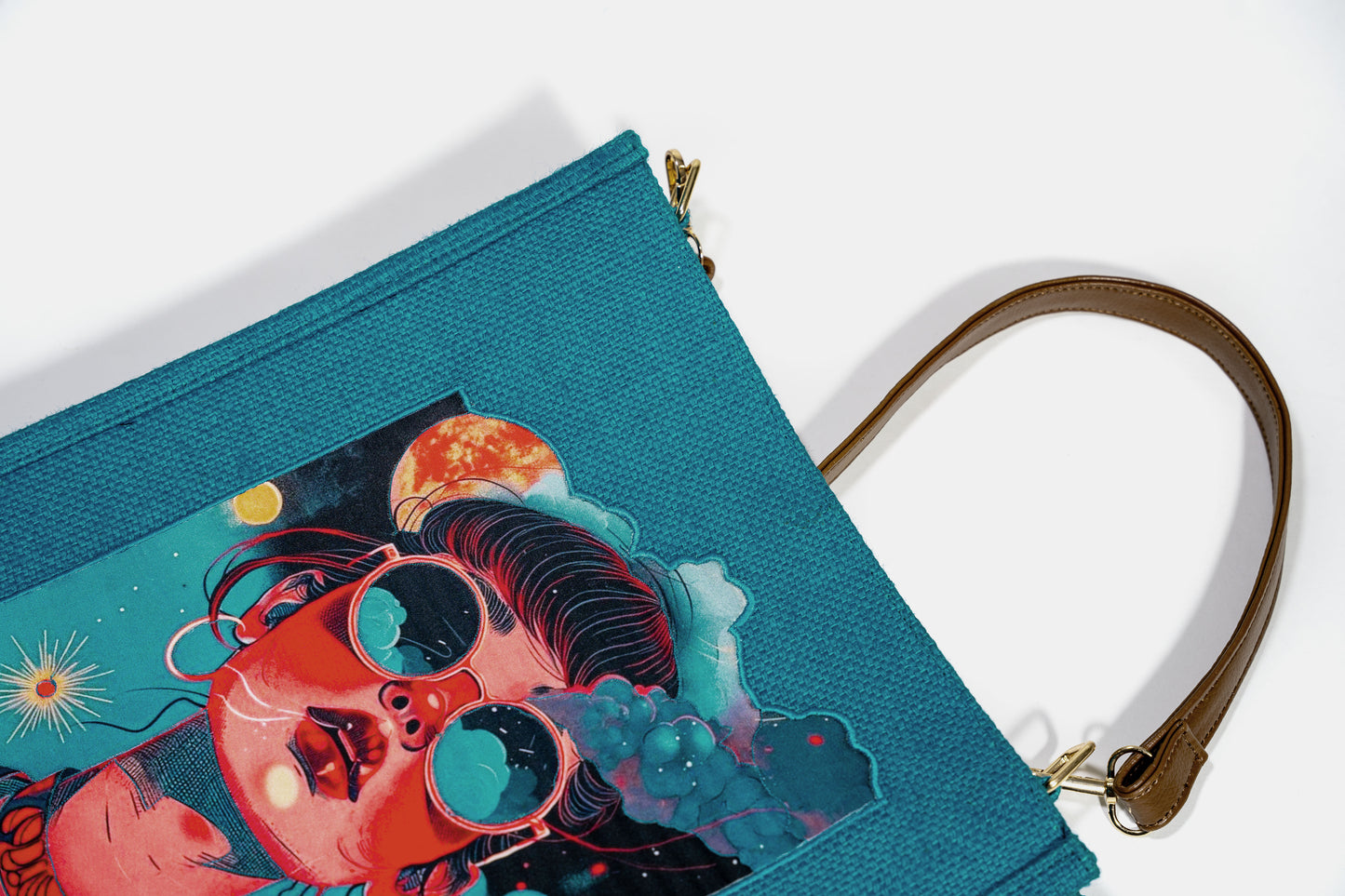 Teal Surreal Dreamscape Pop Art Jute Shoulder Bag (J-0035)