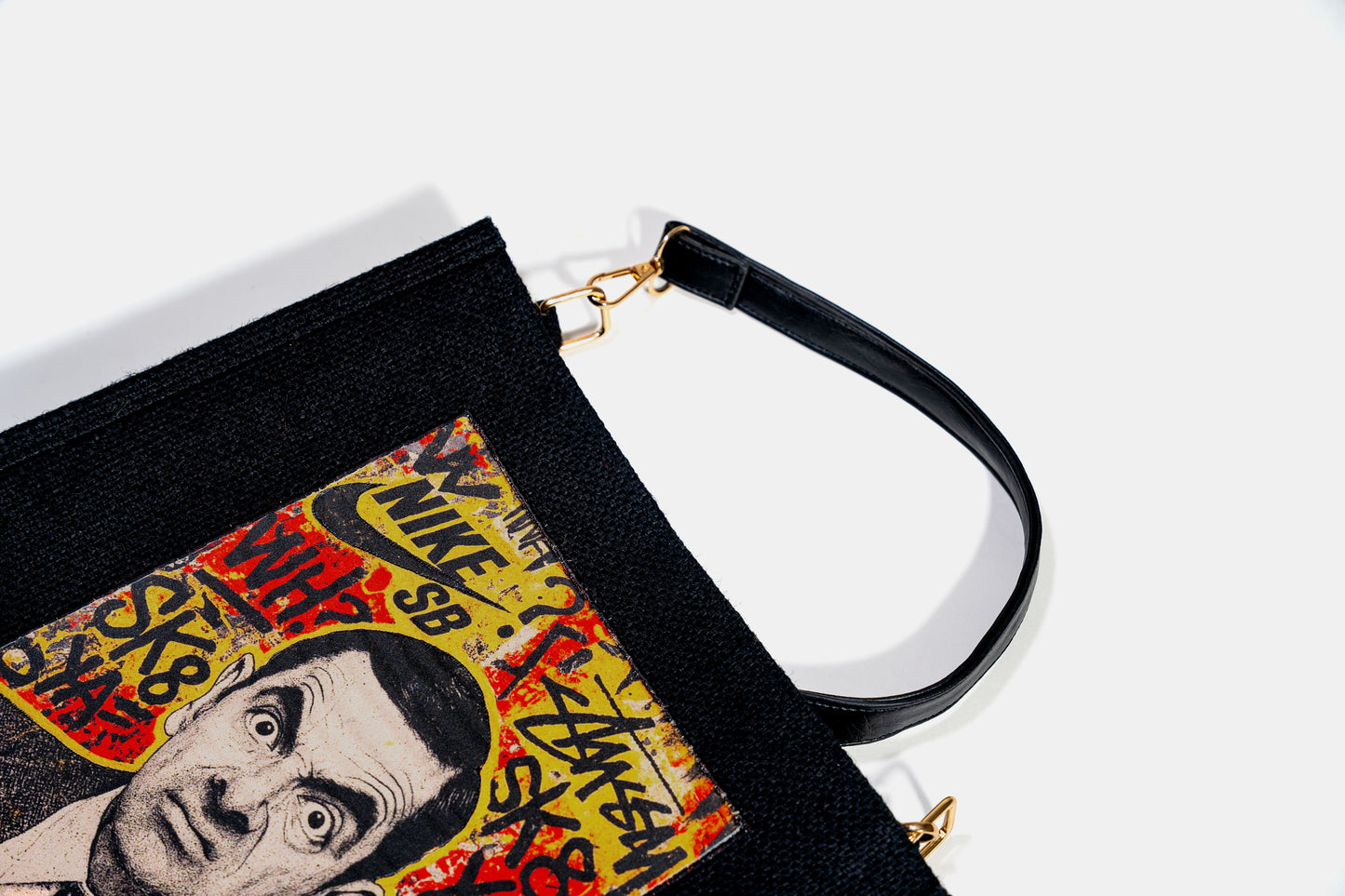 Black Pop-Culture Graffiti Patch Jute Shoulder Bag (J-0031)
