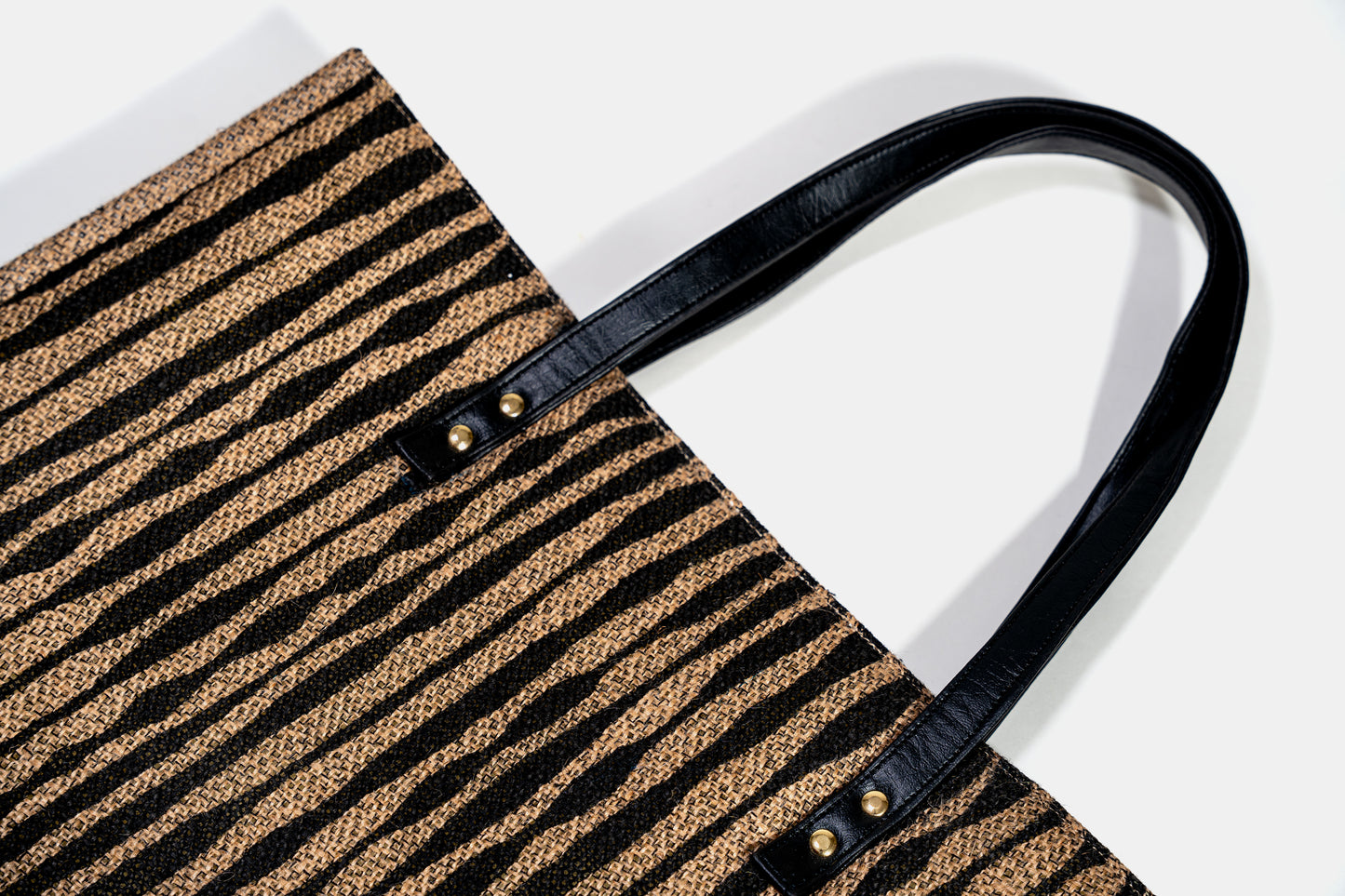 Black Organic Stripe Screen Printed Jute Tote Bag (J-0067)