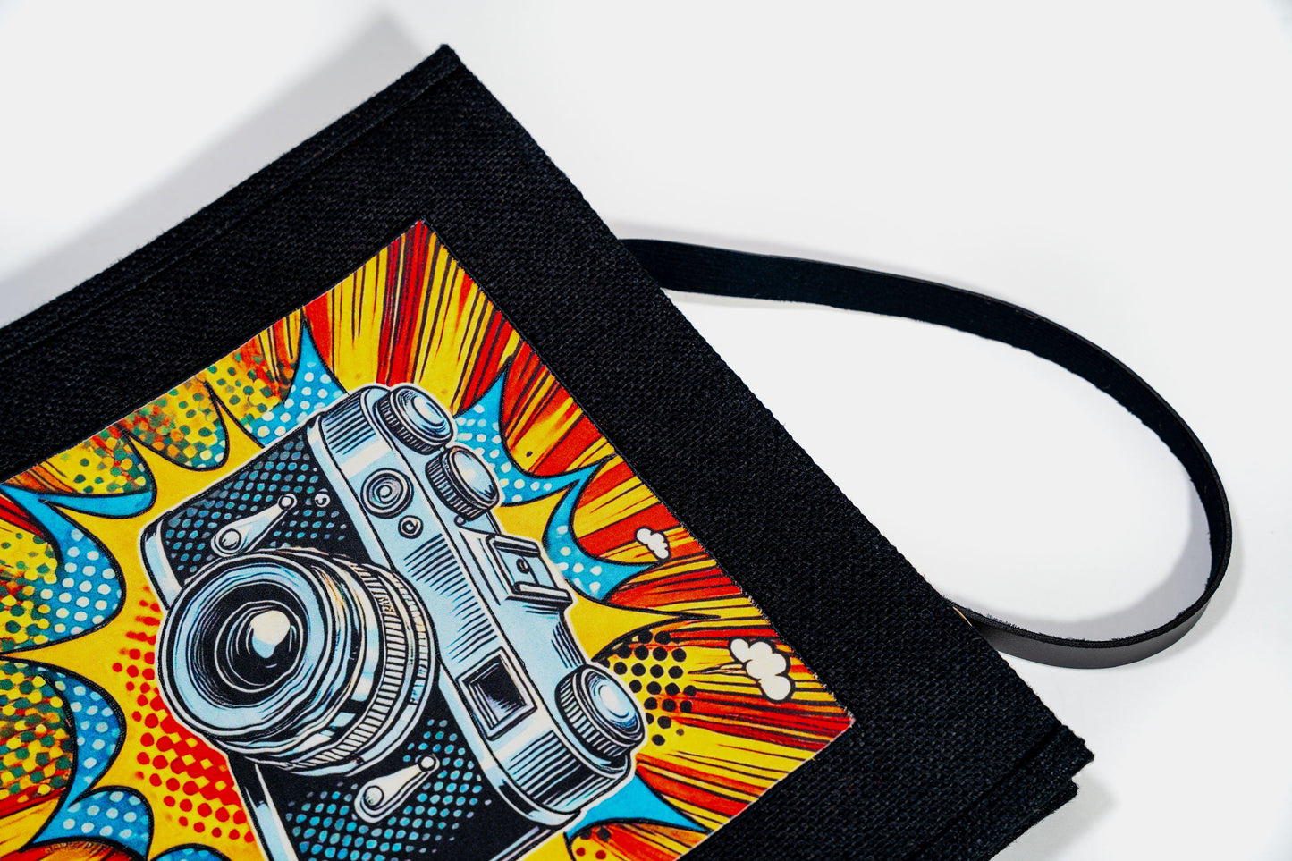 Black Vintage Camera Pop Art Jute Shoulder Bag (J-0030)