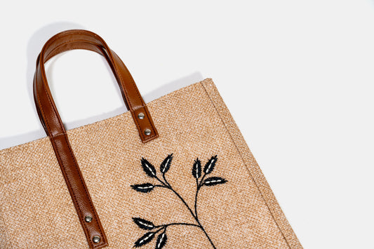 Botanical Embroidered Jute Tote Bag (J-0017)
