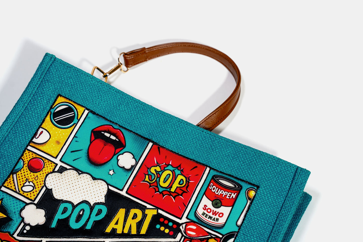 Vibrant Teal Pop Art Patch Jute Shoulder Bag (J-0026)