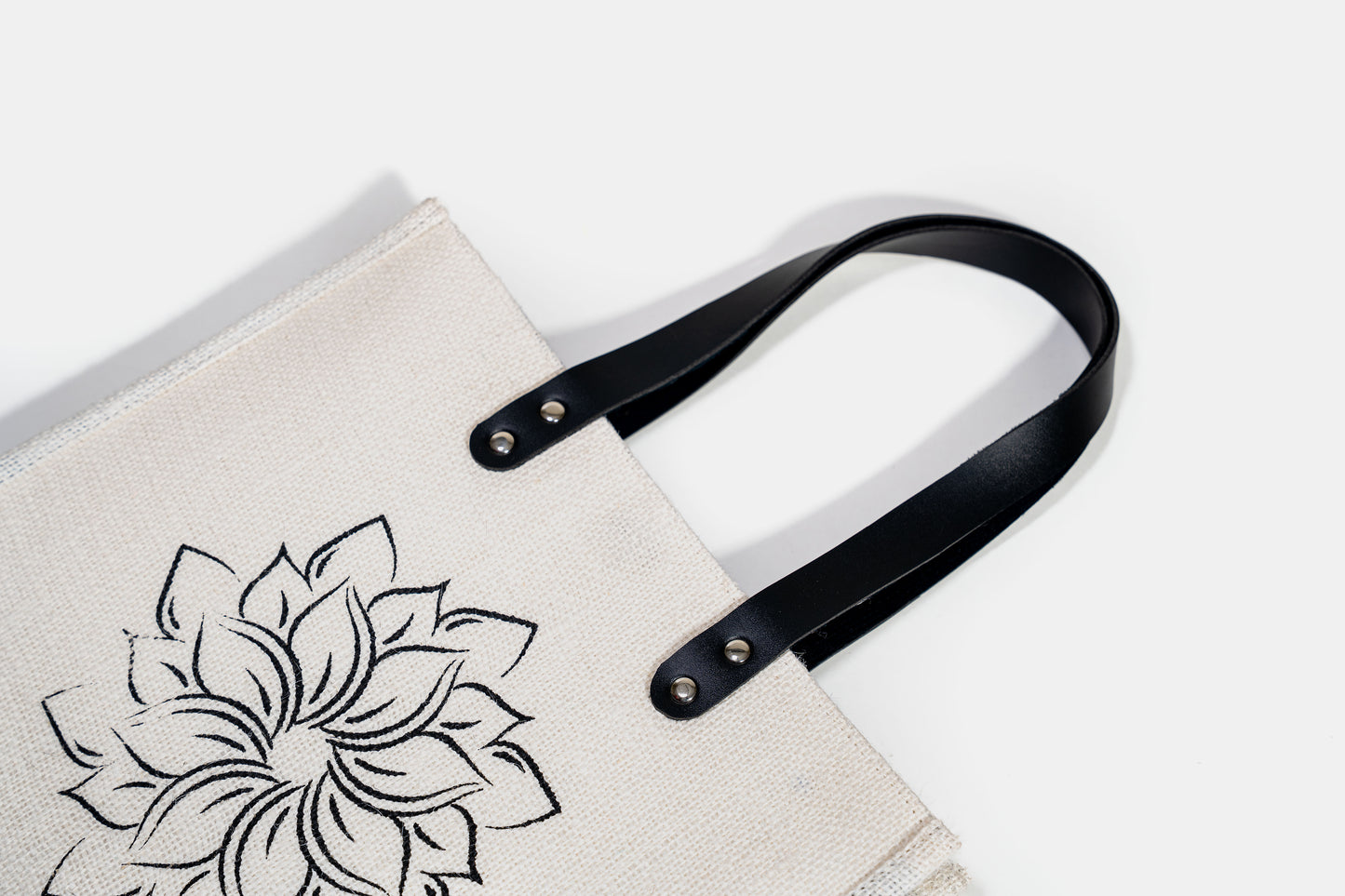 Natural Cream Minimalist Floral Screen Printed Jute Tote Bag (J-0048)