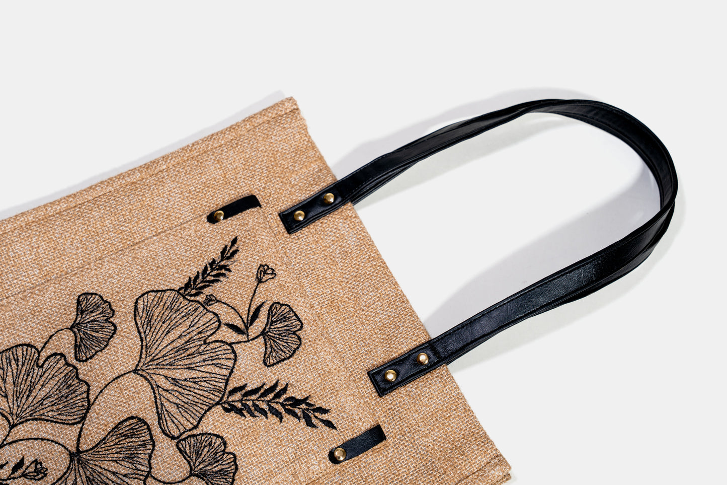 Black Ginkgo Botanical Embroidered Jute Tote Bag (J-0020)